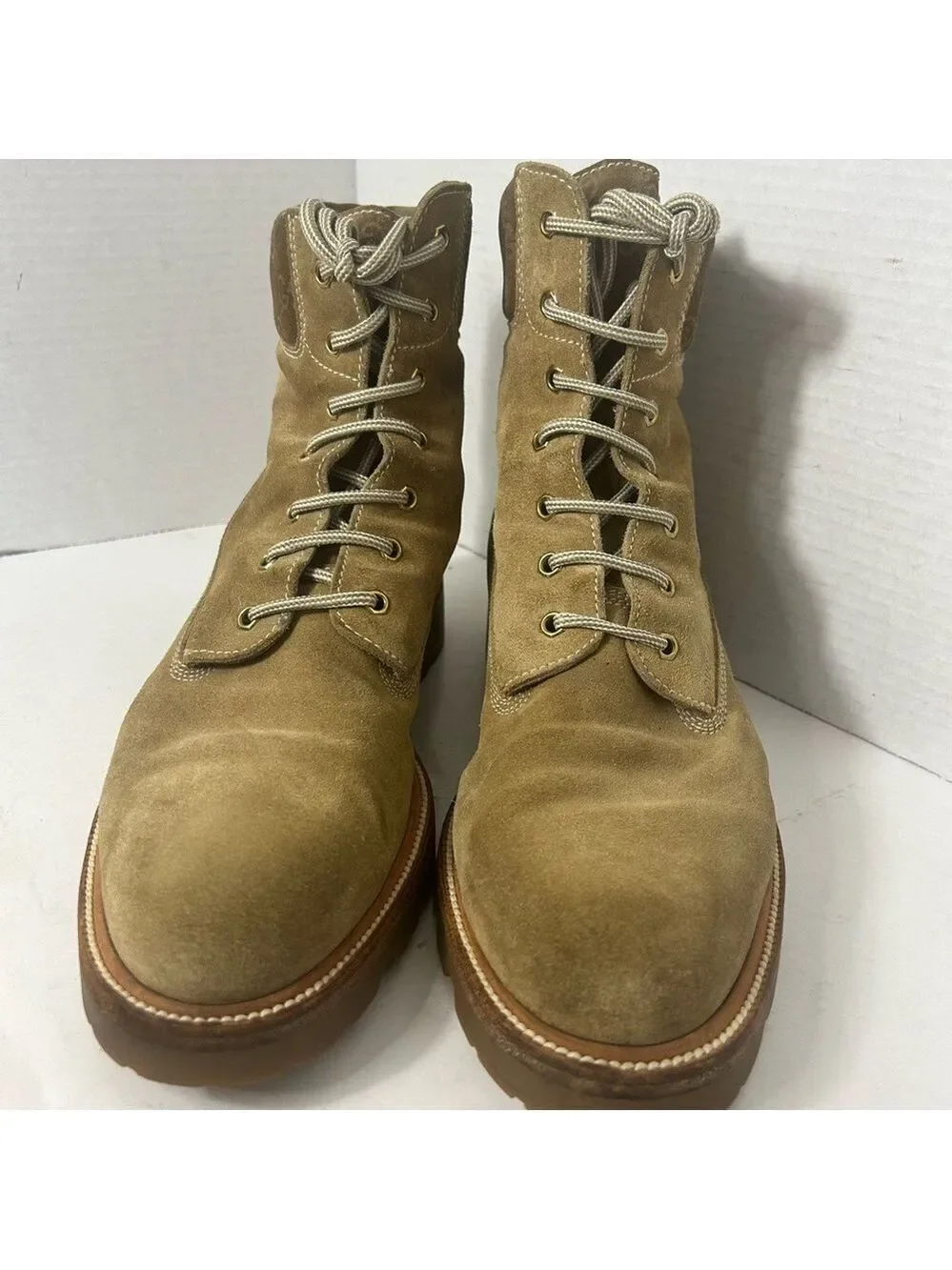 GUCCI Men’s Leather Suede Timberland Style Boots Logo Beige Lace Up 9.5D